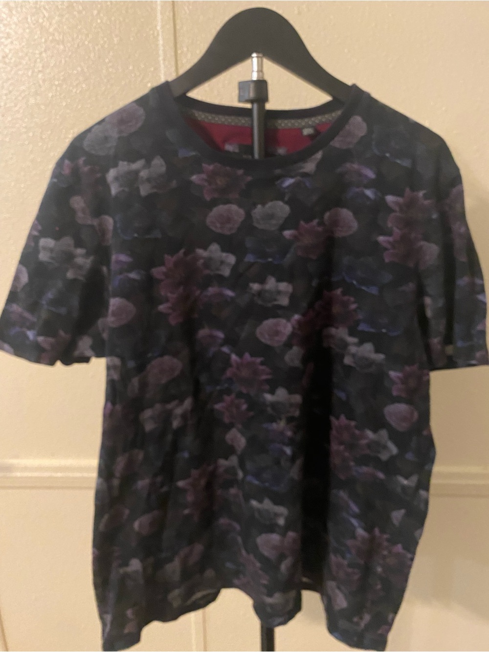 Ted Baker Black Floral Crewneck Tee with Purple Accents
